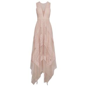 BCBG Blush Lace V-Neck Handkerchief-Hem Gown